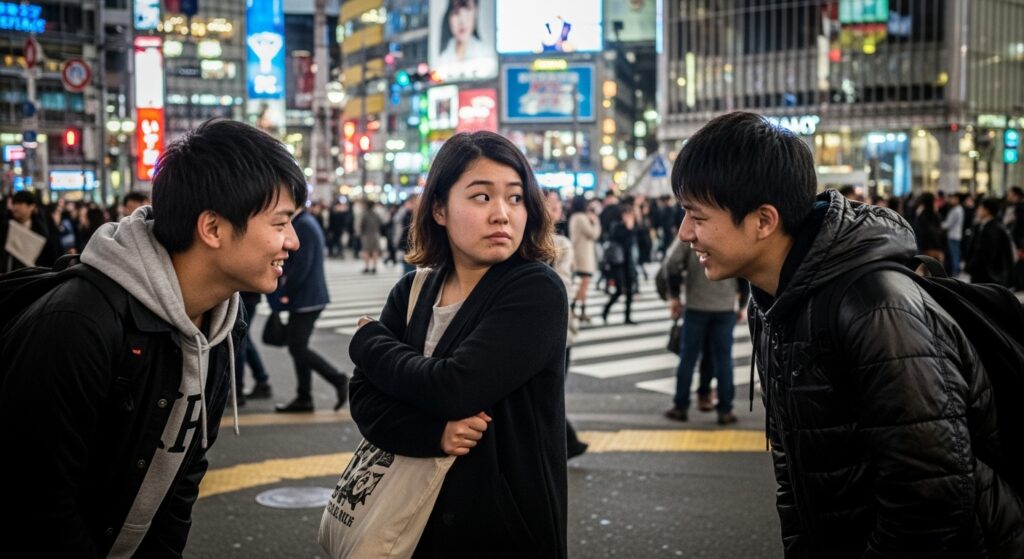 渋谷スクランブル交差点で男性二人にナンパされる女性