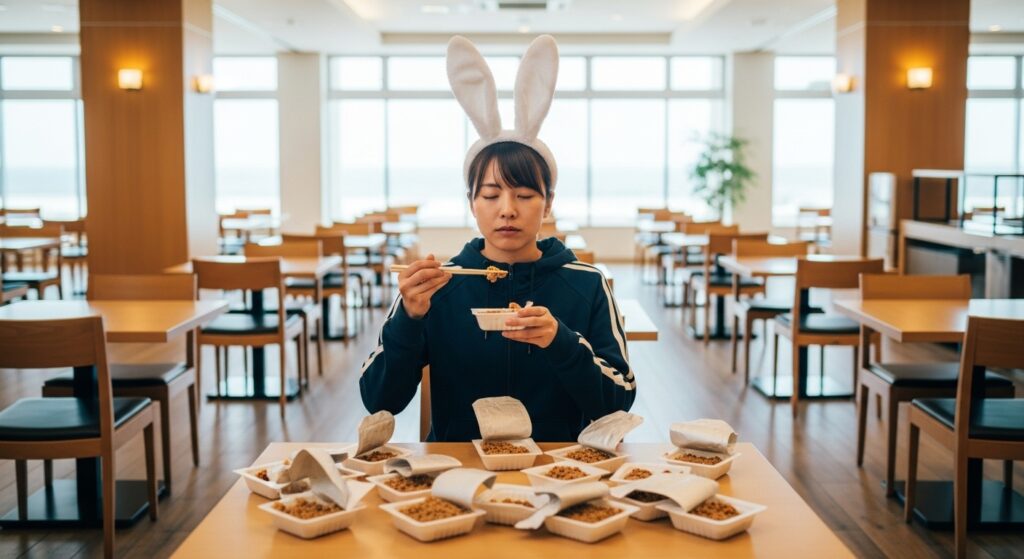 新宿 八王子 燃費比較 納豆換算 新宿から八王子まで約40kmのガソリン代をおかめ納豆で換算して比較するイメージ写真