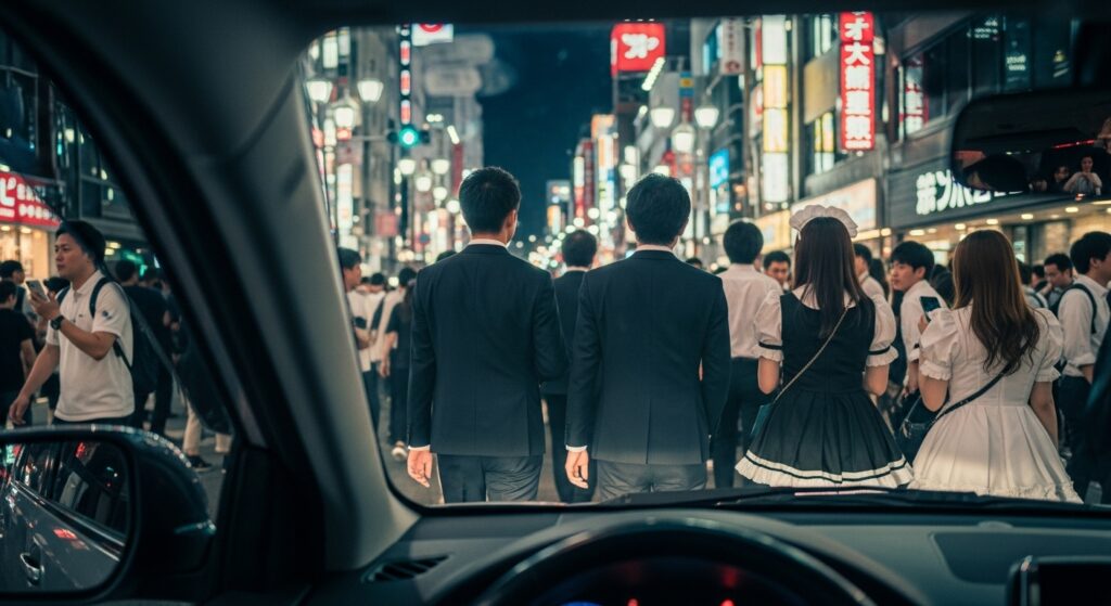 新宿歌舞伎町の夜、車の運転席から見たアーチ前の人混みの風景