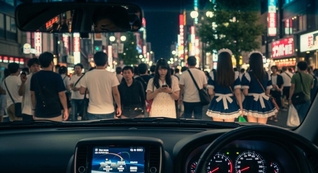 新宿歌舞伎町一番街を車で走る夜の体験｜運転席から見える人混みと非日常の風景
