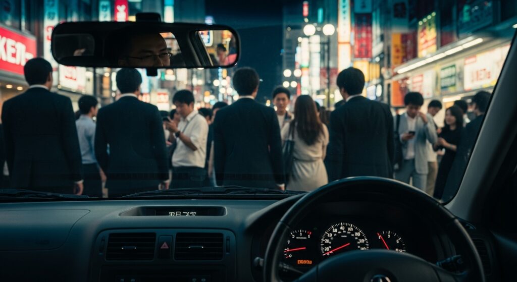 新宿歌舞伎町の夜、人混みの中を車で進むストレスフルなドライブ体験