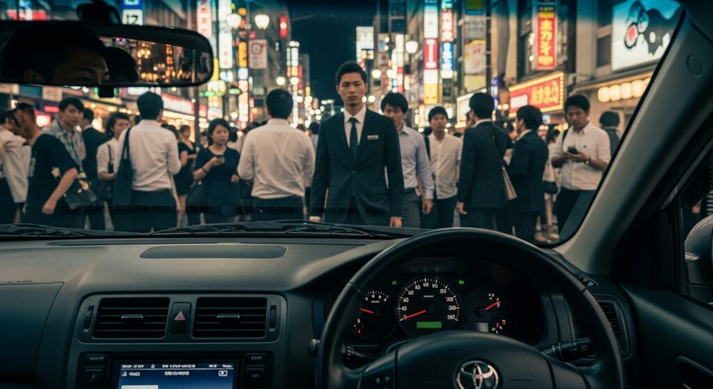 夜の新宿歌舞伎町を車内から見た光景｜人混みと威圧感に包まれるナイトドライブ体験