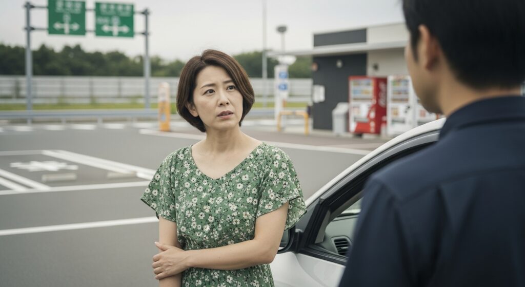 心理的ハードル克服のために講習と自己練習の違いについて話す女性ドライバー。高速道路の休憩所での指導風景。