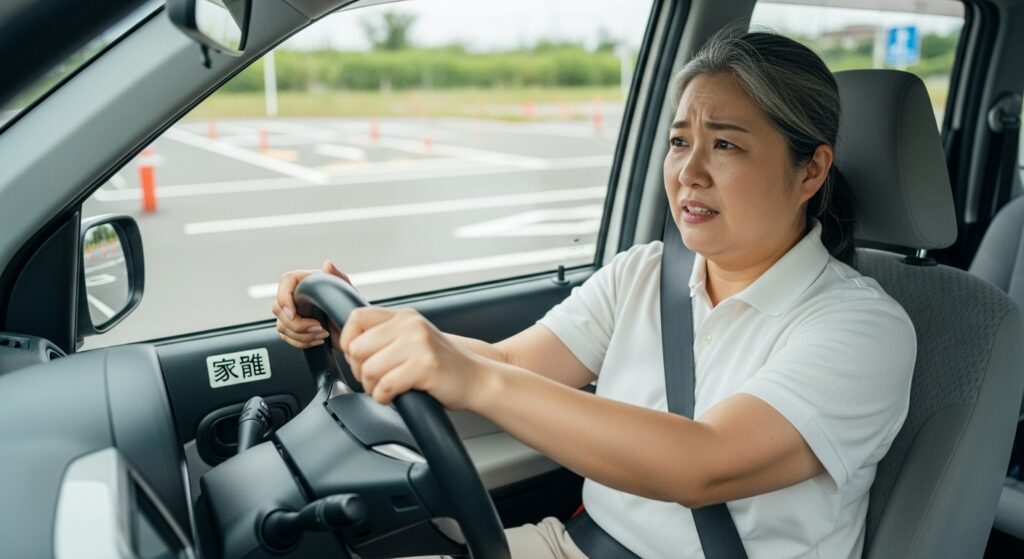 教習所の場内コースを運転中、不安そうな表情でハンドルを握る中年女性。繰り返しの周回にもかかわらず、自信を持てずに戸惑っている様子。