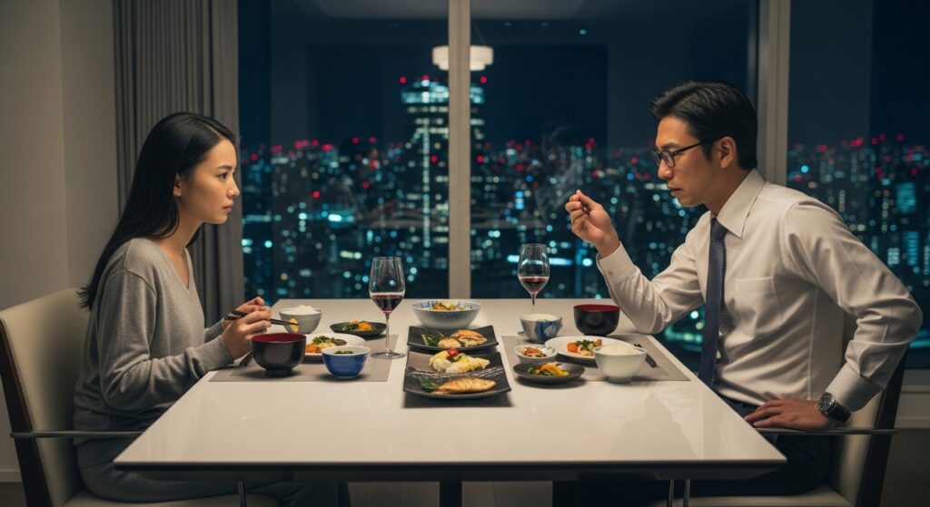 夜景を背景に向かい合う夫婦。言葉を交わさない食卓に、すれ違いや感情の摩
