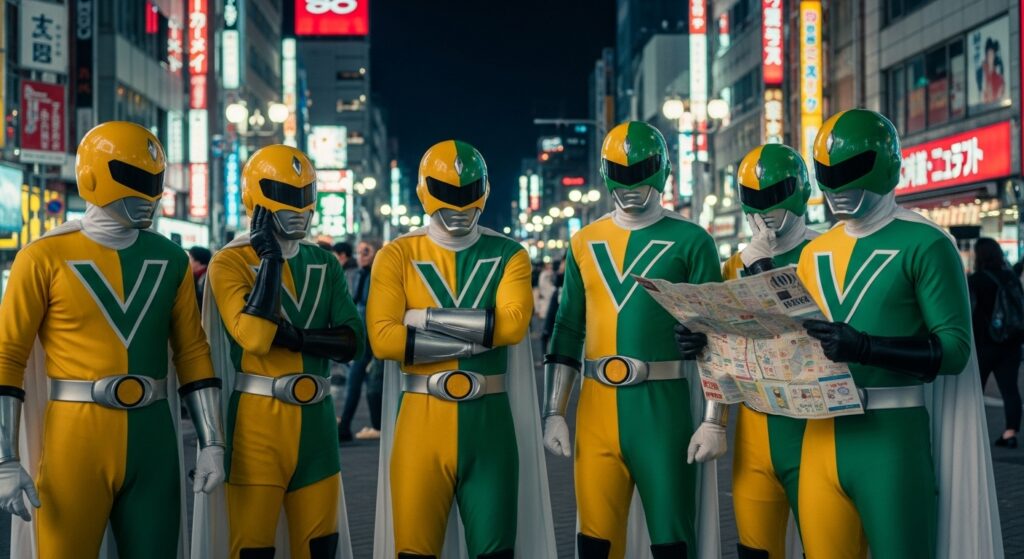 初心者マーク戦隊ヒーローが歌舞伎町で迷子に 「初心者マークをモチーフにした戦隊ヒーローが歌舞伎町で道に迷っている様子」