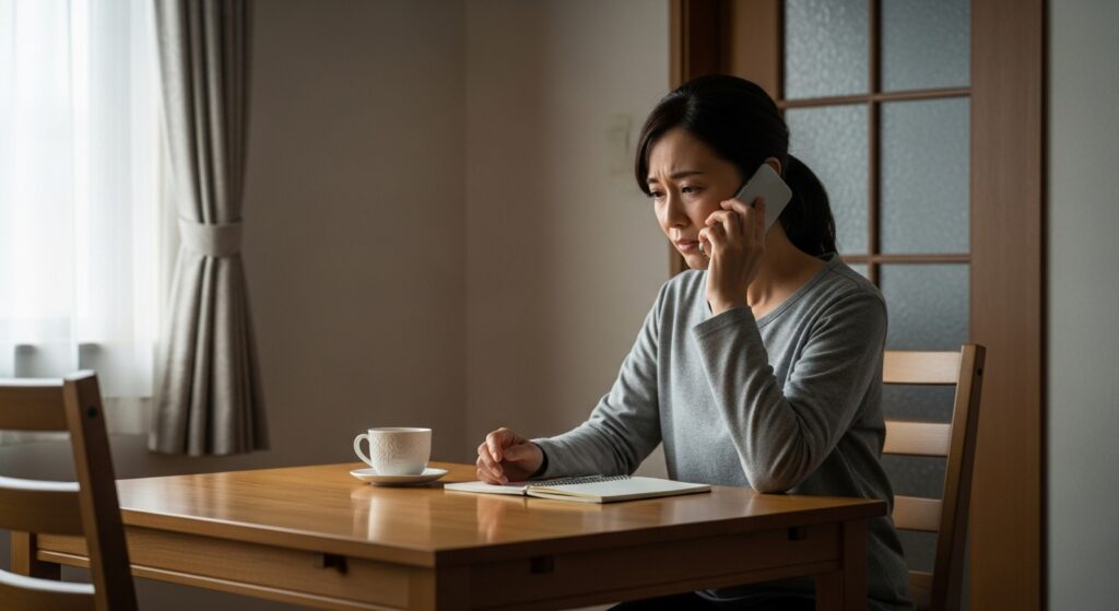 実家に電話をかけ、ペーパードライバー講習を受けるための支援を相談する40代の日本人女性。真剣な表情で会話している。