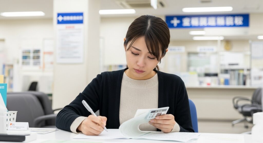 新宿区役所の窓口で申請書を記入する若いシングルマザー。涙をこらえながら、一人で未来と向き合う決意の瞬間。