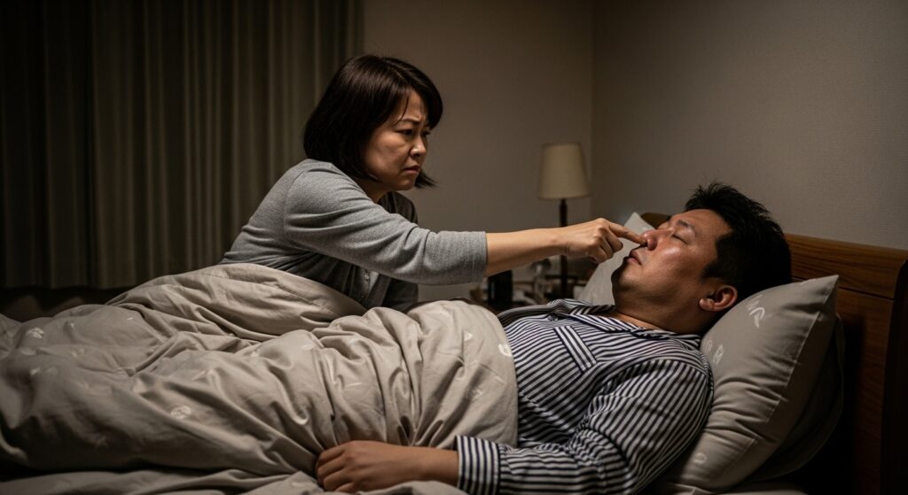 いびきをかく夫の鼻をつまんで眠れず困っている妻