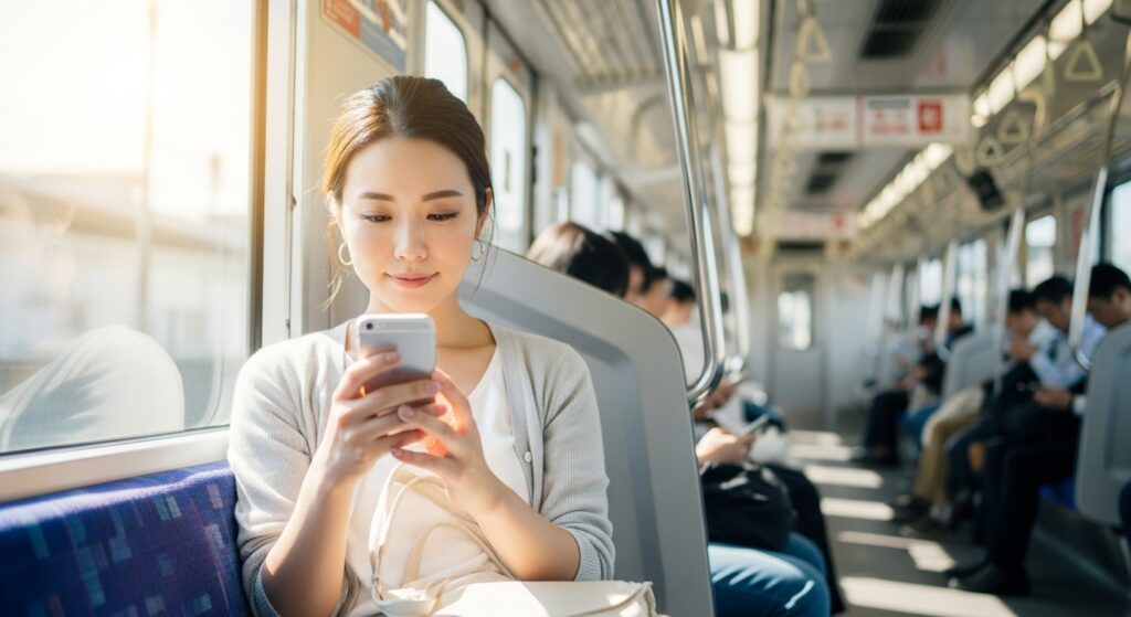 SNS承認欲求にとらわれる20代女性の電車シーン 電車の中でスマートフォンを見ている20代日本人女性|SNS承認欲求と比較文化を象徴するシーン
