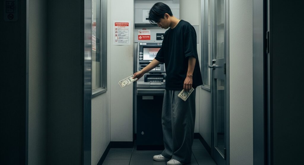 SUVや4WDの高い維持費に苦しみATMで現金を引き出す20代男性