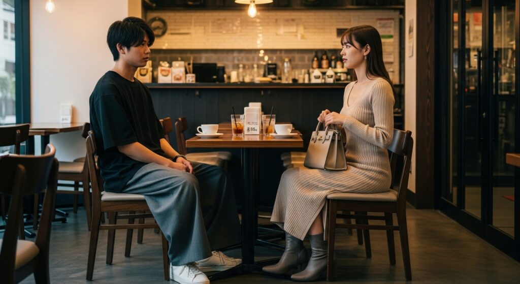 SUVのローン負担に悩みカフェで彼女と会話する20代男性