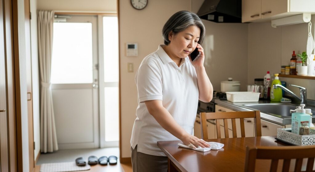 引越し前、娘の送迎のために運転再開を決意した主婦が、電話で出張ペーパードライバー講習を予約している様子