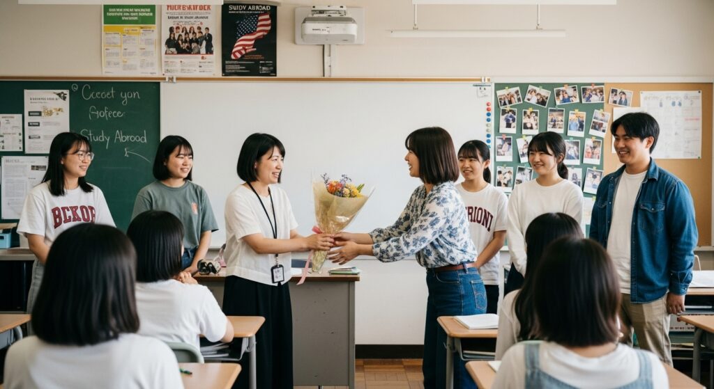 「テキサスから帰国し新しい生活を始める30代女性」 「アメリカ・テキサス州で日本人留学生を支援していた30代女性。日本に帰国し、新しいキャリアを歩み出す姿を象徴する花束贈呈の場面」