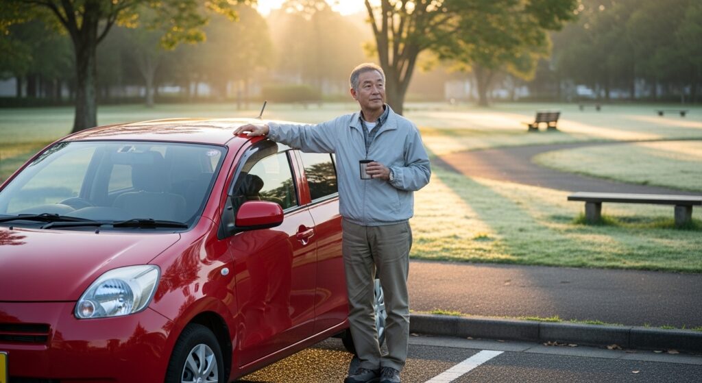 早朝の公園で、運転を再開したいシニア男性が車の横に立つ様子。時間帯別のペーパードライバー講習を連想させる