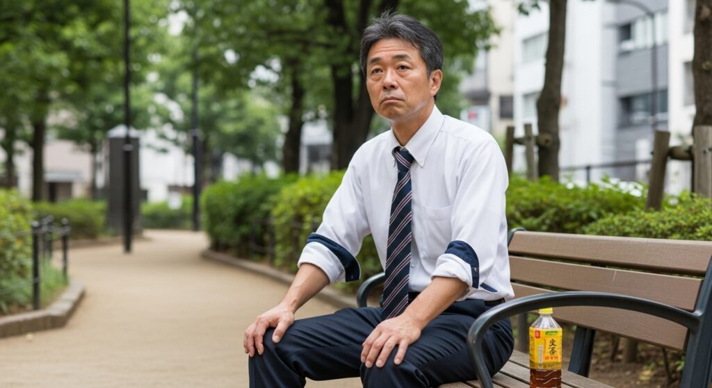 ペーパードライバー講習の指導を終え、東京都内の公園で休憩する50代日本人男性インストラクター。長時間の連続指導で疲労が蓄積した様子。