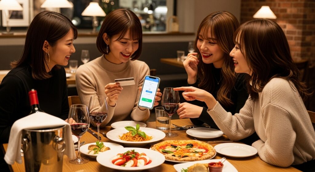 女子会でレストランを楽しむ女性たちの割り勘シーン 都内のおしゃれなレストランで女子会を楽しむ20代女性たち|スマホ決済で割り勘するシーン