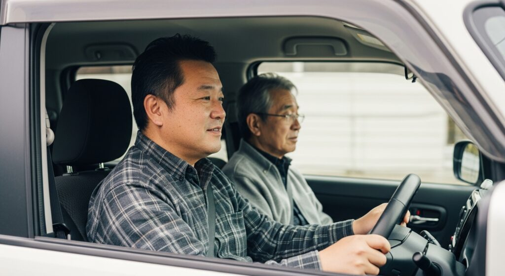 「父親を乗せて運転するパン工場ライン責任者の男性」 「東京都内のパン工場でライン責任者を務める50代男性。週末には父親を病院に送迎するため運転に挑戦している様子」