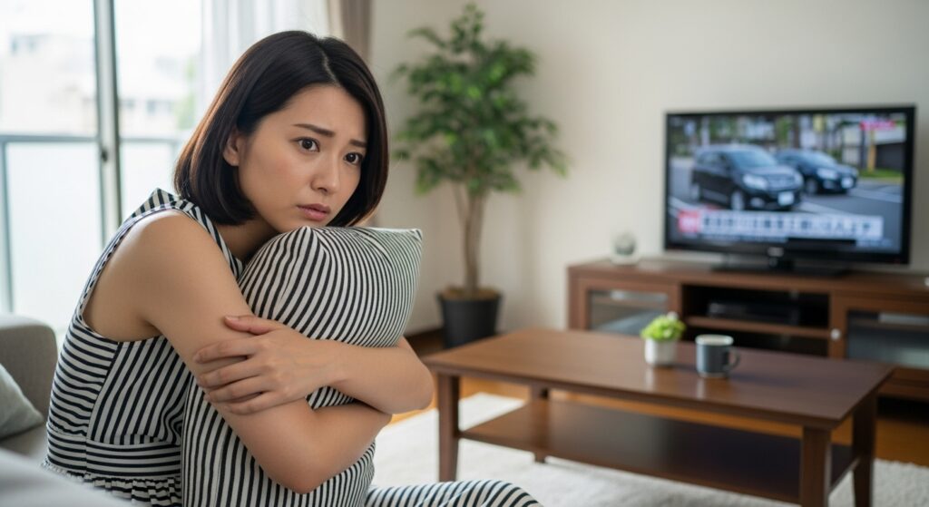 「テレビで交通事故のニュースを見て不安そうにクッションを抱える女性。ペーパードライバー講習受講者の心理的負担を表す場面」