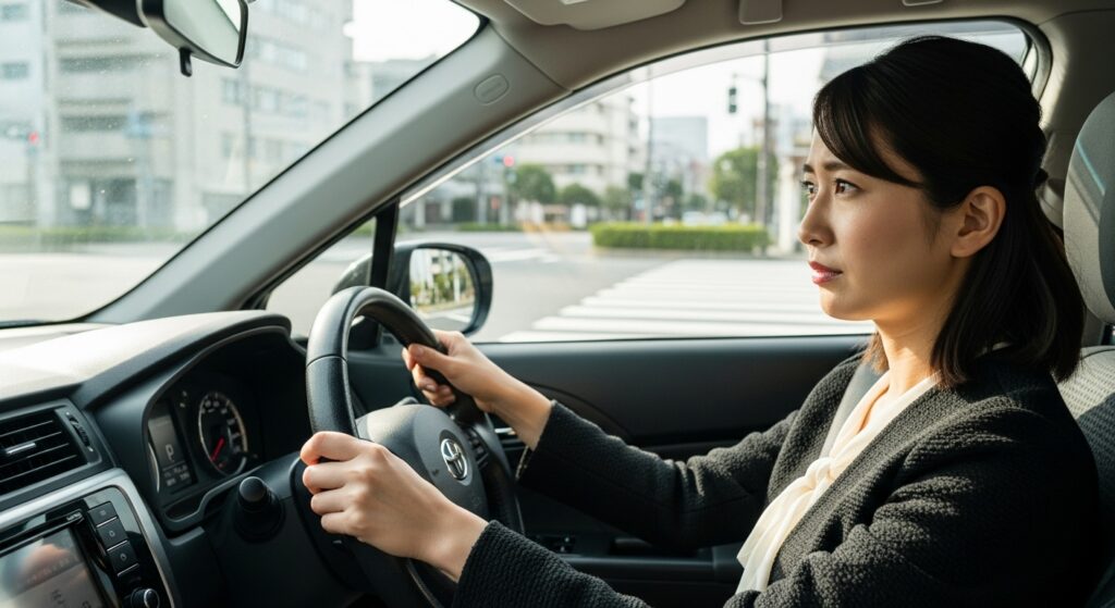 「交差点で右ハンドル車を運転し、ミラーを確認しながら距離感に不安を抱く女性。ペーパードライバー講習受講者の運転中の様子」