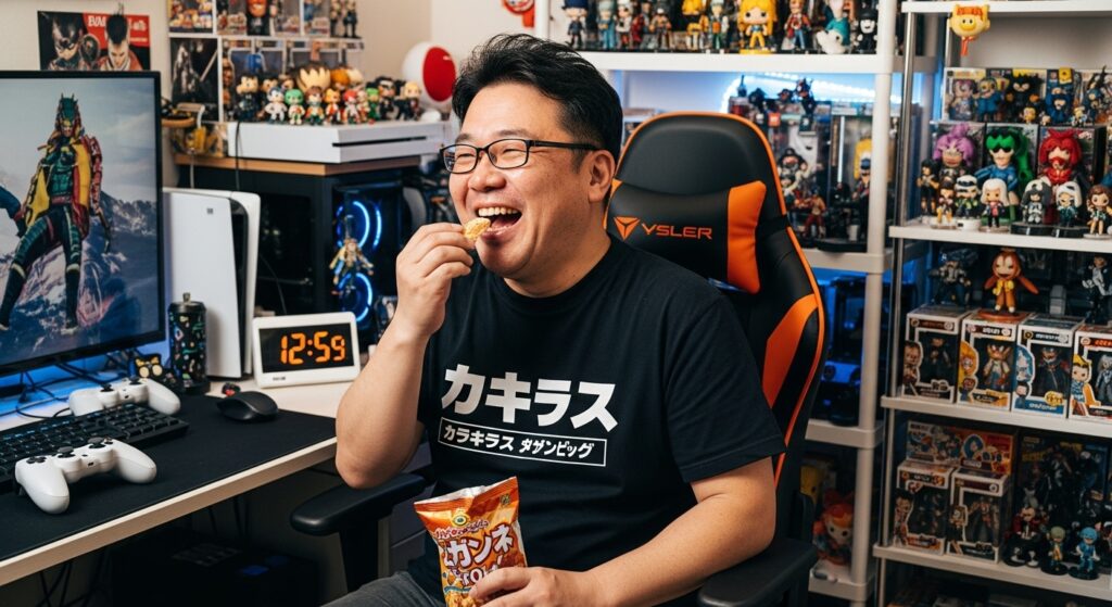 「自宅のゲーム部屋でお菓子を食べながら笑顔でくつろぐ男性。生活圏がコンパクトで車を運転しないライフスタイルを象徴」
