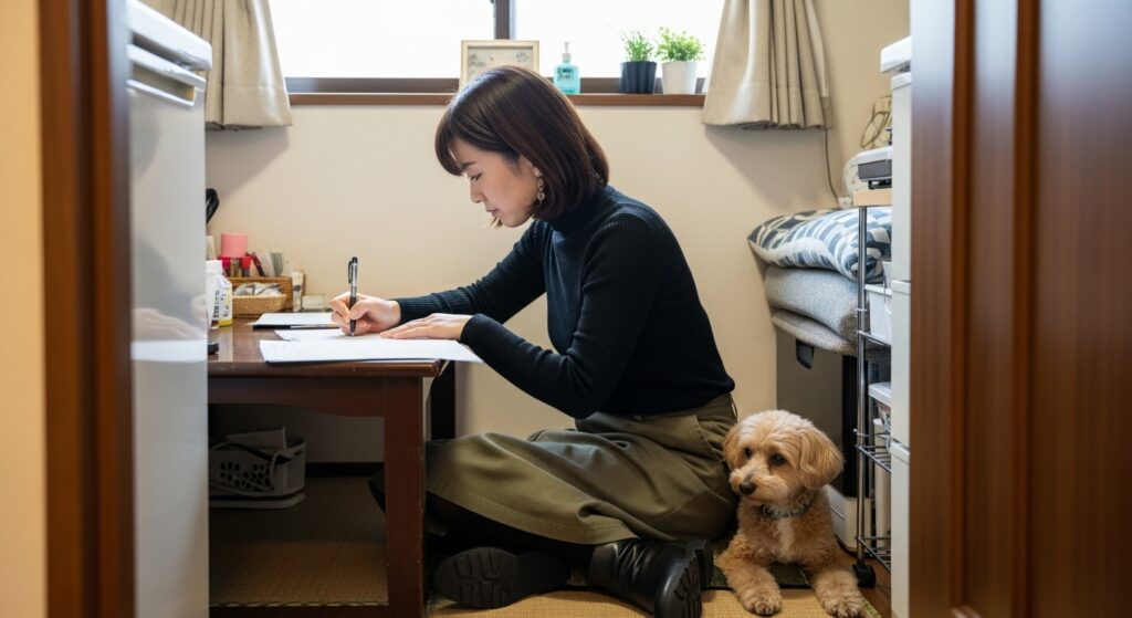 「自宅の小さな机でアンケート用紙に記入する女性と、その横に座る小型犬。ペーパードライバー自己診断チェックの様子」