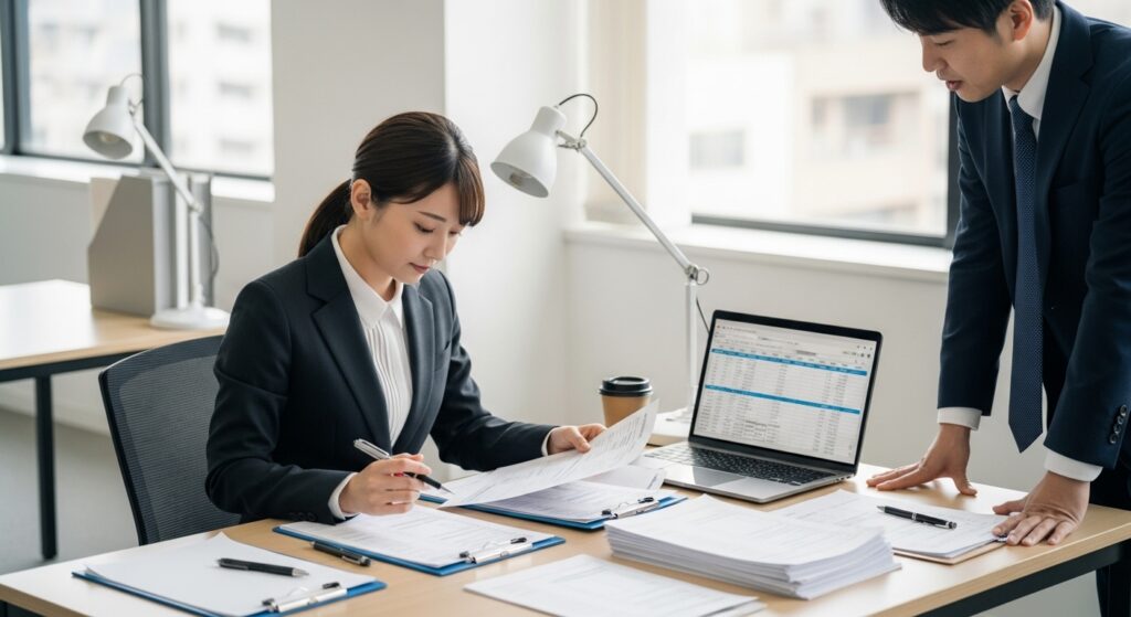 「オフィスで書類を確認する女性社員と、横で指示を出す男性社員。ペーパードライバー講習アンケート集計作業の様子」