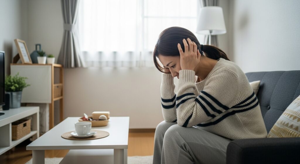 「東京都内でペーパードライバー講習を受けた女性が、事故や運転への不安からソファに座り頭を抱えている様子」