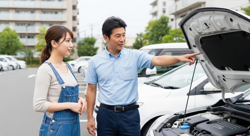 駐車場でボンネットを開け、インストラクターがエンジンルームの部位を指しながら日常点検の手順を説明し、女性受講者が聞いている様子。