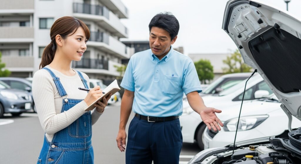 駐車場でエンジンルームを前に、インストラクターの説明を聞きながらノートにメモを取る女性。ペーパードライバー講習の一環として日常点検を学ぶ様子。