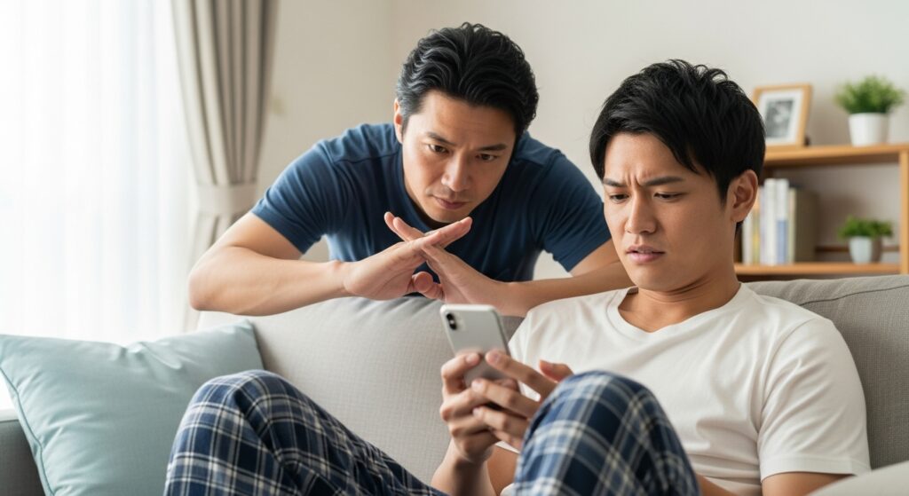 トイプードル 維持費 男性懸念 やめとけ スマホを見る男性とバツ印ジェスチャーで止める友人|トイプードルの維持費に対する懸念と忠告