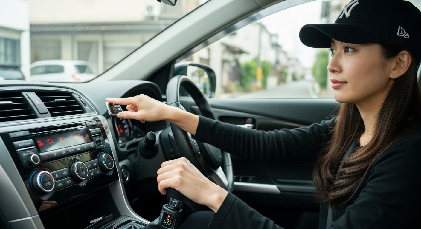 日本人女性ドライバーが車内でナビや標識を確認しながら、交差点の優先ルールに注意を払っている様子