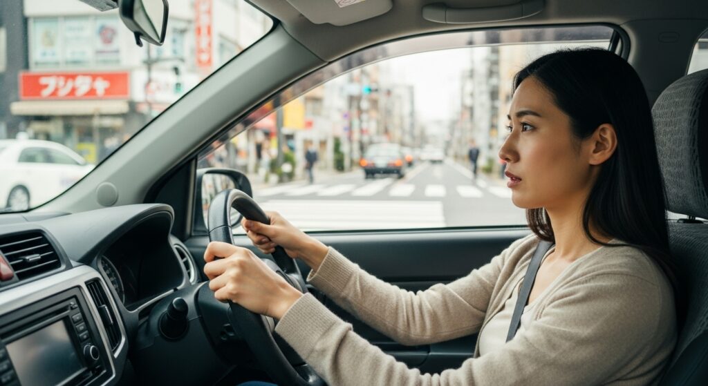 都心の交差点を真剣な表情で運転する女性。運転講習中に学んだことを実践しようとしている様子。