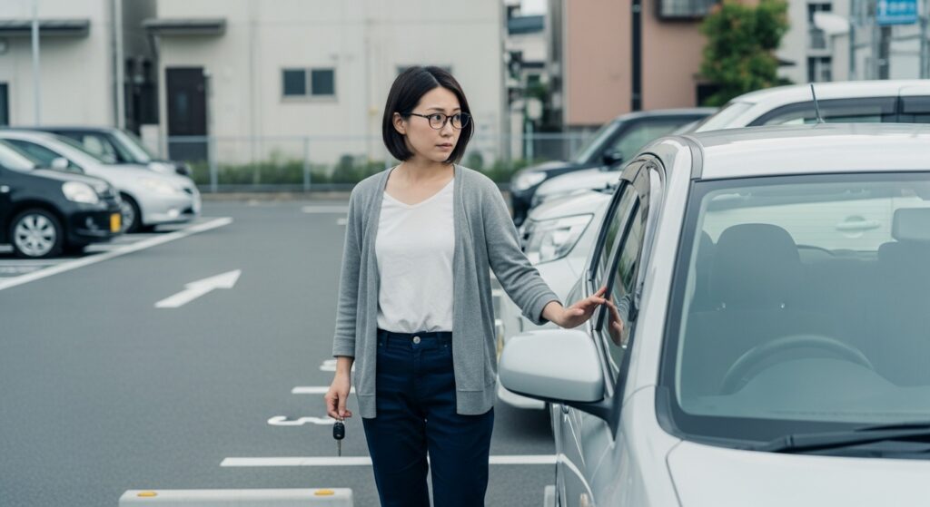 駐車場で休憩をとる女性ドライバー