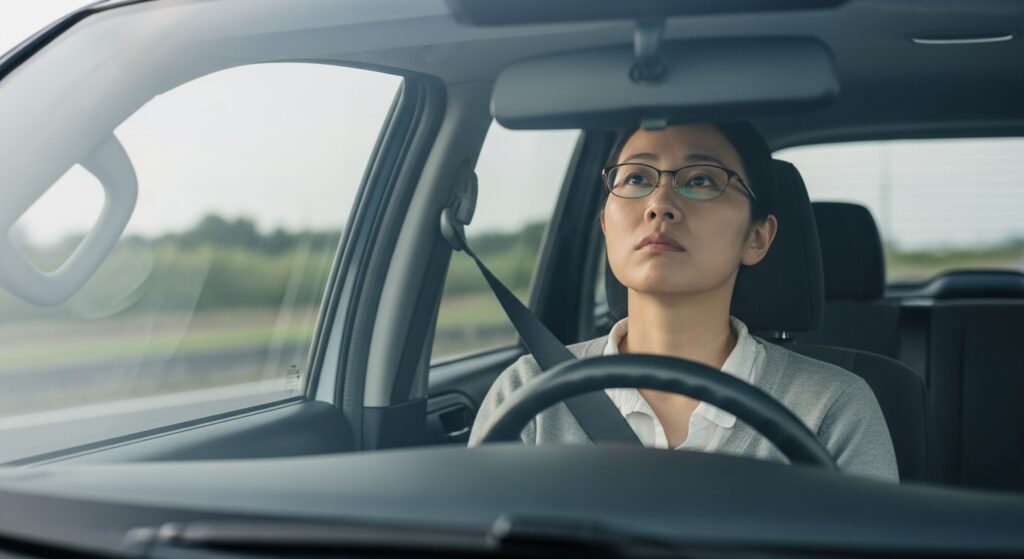 漫然運転 女性ドライバー 危険性 運転中に注意力が散漫になりぼんやり前方を見つめる女性ドライバー