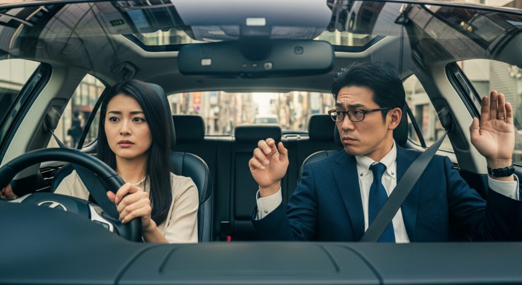 旦那のプレッシャーで緊張して運転する女性。夫婦間のすれ違いがペーパードライバー講習の不安を増幅する様子。