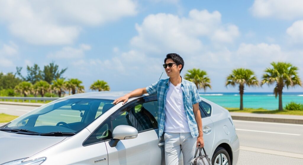 転勤や急な運転の必要性で困っている男性が、リゾート地で車を運転する様子。緊急性の高いペーパードライバー講習を連想させる