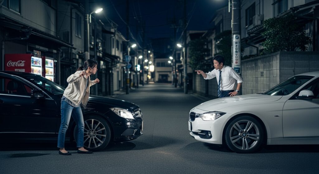 狭い道で対向する男女のドライバーが譲らず言い争っている様子｜パッシングの必要性が問われる状況