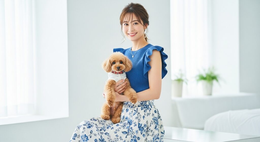 マッチングアプリ プロフィール 女性 トイプードル 犬 ステータス トイプードルを抱く女性のポートレート|マッチングアプリのプロフィール写真に使われる犬ステータスの象徴