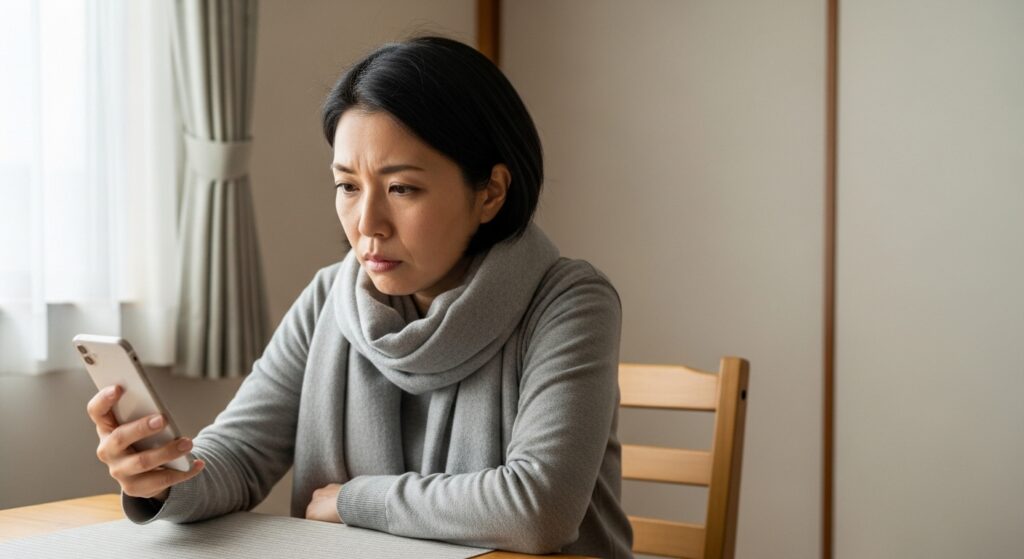 スマートフォンで軽貨物ドライバーについて真剣に調べている40代の日本人女性。シングルマザーとして現実に向き合う姿。