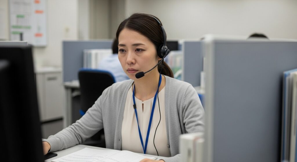 コールセンターで勤務中の40代女性。ペーパードライバーだった過去を伏せて応募すべきか、真剣に悩んでいる表情。