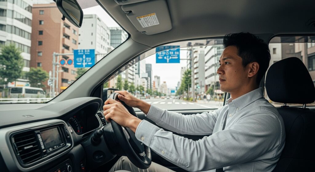 山手通りを運転する日本人男性｜新宿エリアの道路基礎知識を学ぶペーパードライバー講習