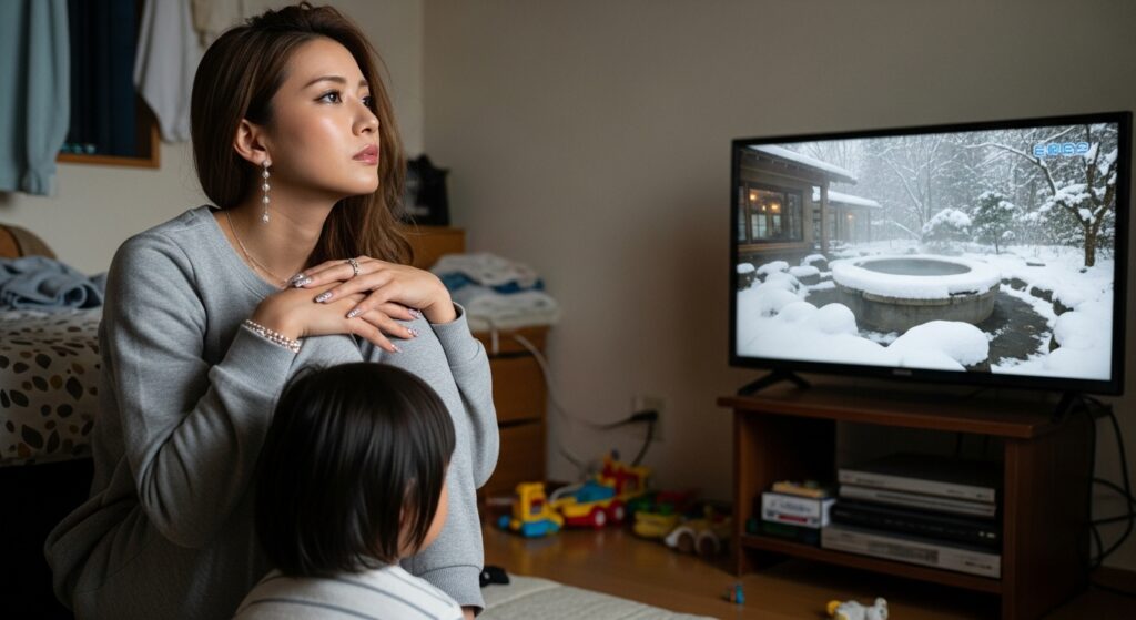 雪景色が映るテレビを見つめる母子。娘の「雪ってほんとにあるの？」という一言に、母が心を揺さぶられた瞬間。