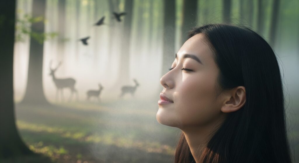 霧の森の中で目を閉じ、深呼吸しながら自然と一体感を感じている女性。背景には鹿や鳥が見え、静かな癒やしの時間を表現。