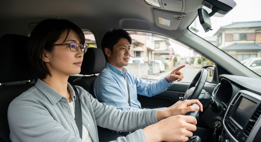 「住宅街を運転する30代女性と助手席で指導するインストラクター」