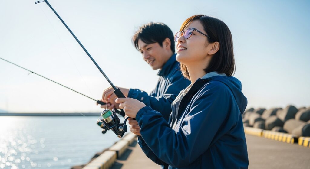 「青空の下で堤防釣りを楽しむ30代女性と男性」