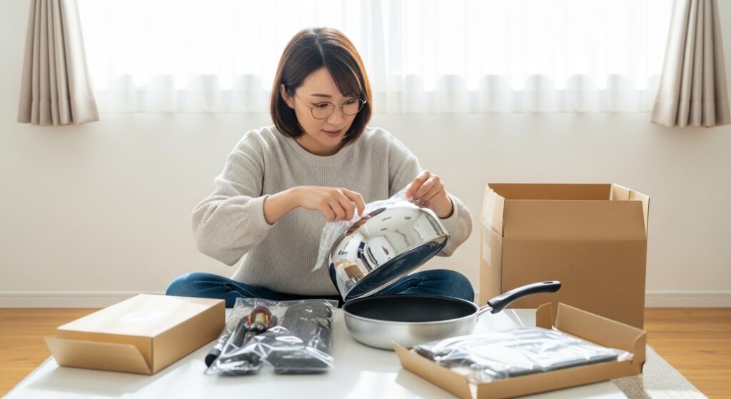 「新しい調理器具を開封する30代女性」 「新しいフライパンや調理器具を開封する30代女性」