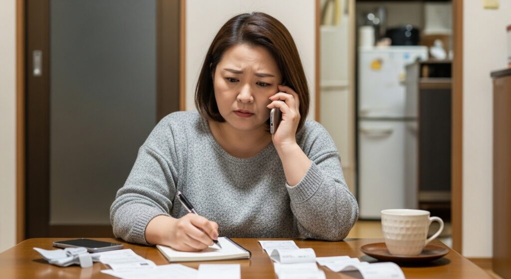 「50代の日本人女性が自宅のテーブルで電話をしながら家計を見直している。レシートとノートを前に、不安そうな表情でメモを取っている様子。」