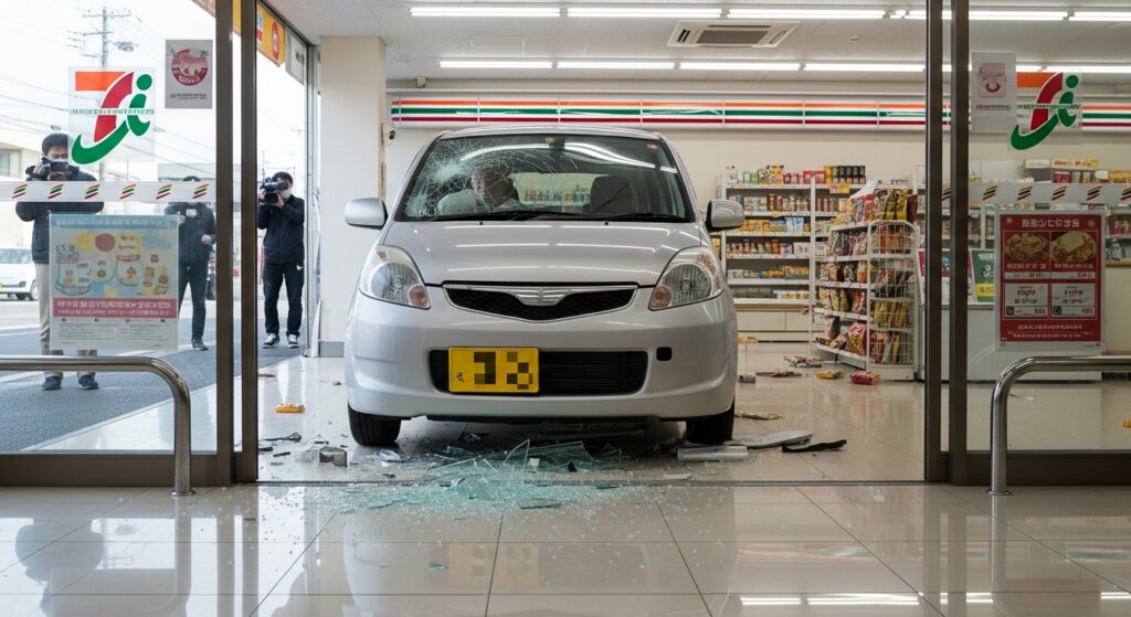 「セブンイレブン店内に車が突っ込んだ事故現場。ガラスが割れ、店内の商品が散乱している様子。アクセルとブレーキの踏み間違いによる衝突事故のイメージ。」