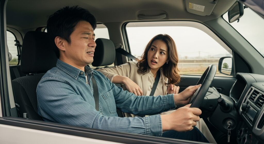 「運転中の男性が焦った表情をしており、助手席の女性が驚いた顔で指摘している。運転が下手な人の特徴を表すシーン。」